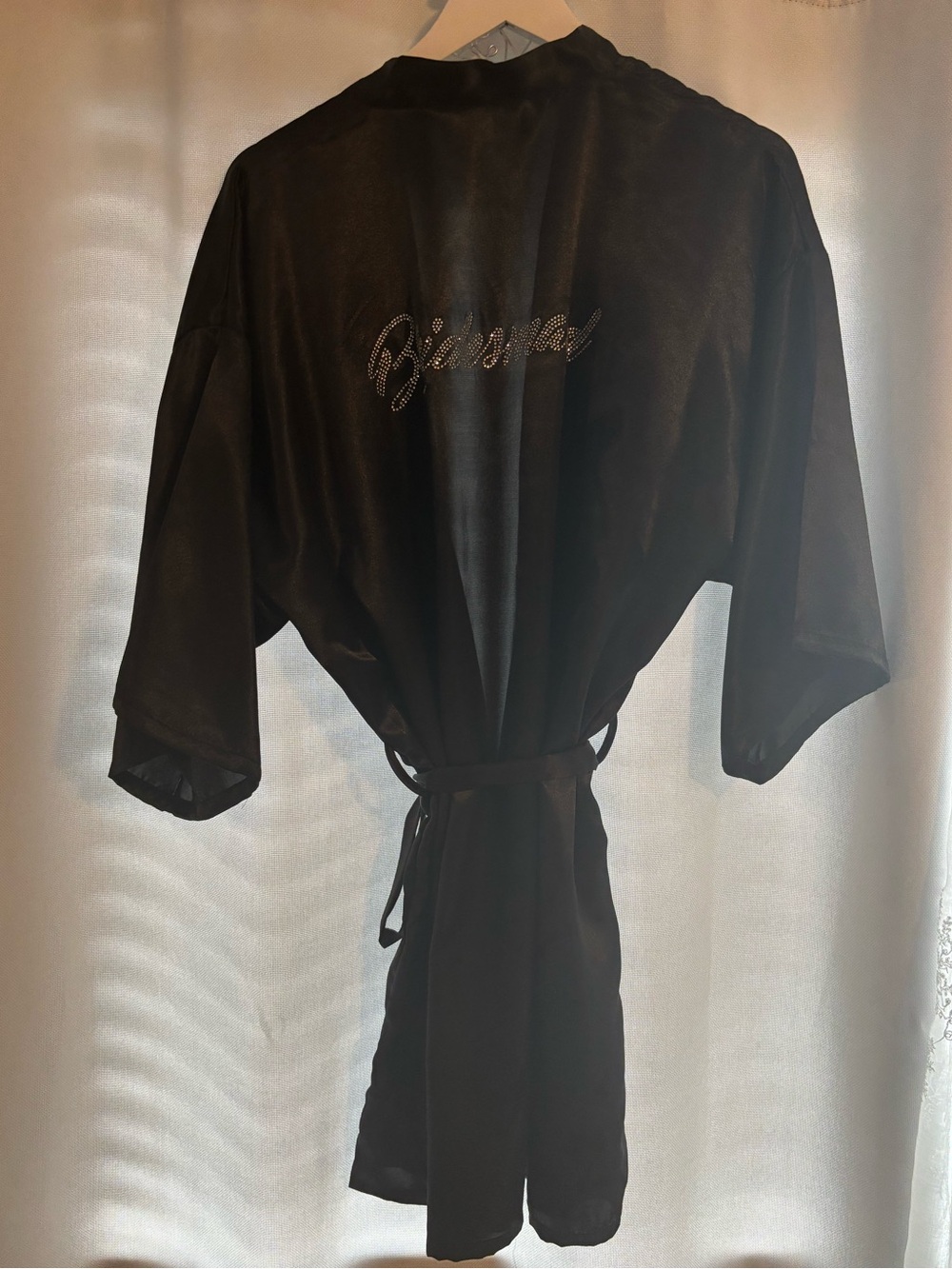 Black Satin Bridesmaid Robe with Embellished Script